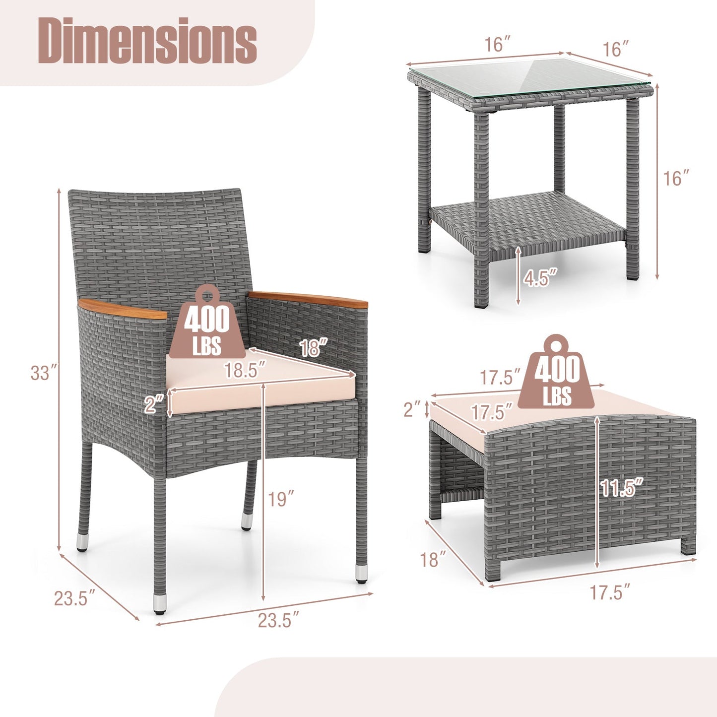 Juego de patio de 5 piezas con cojines suaves y otomanas - Beige
