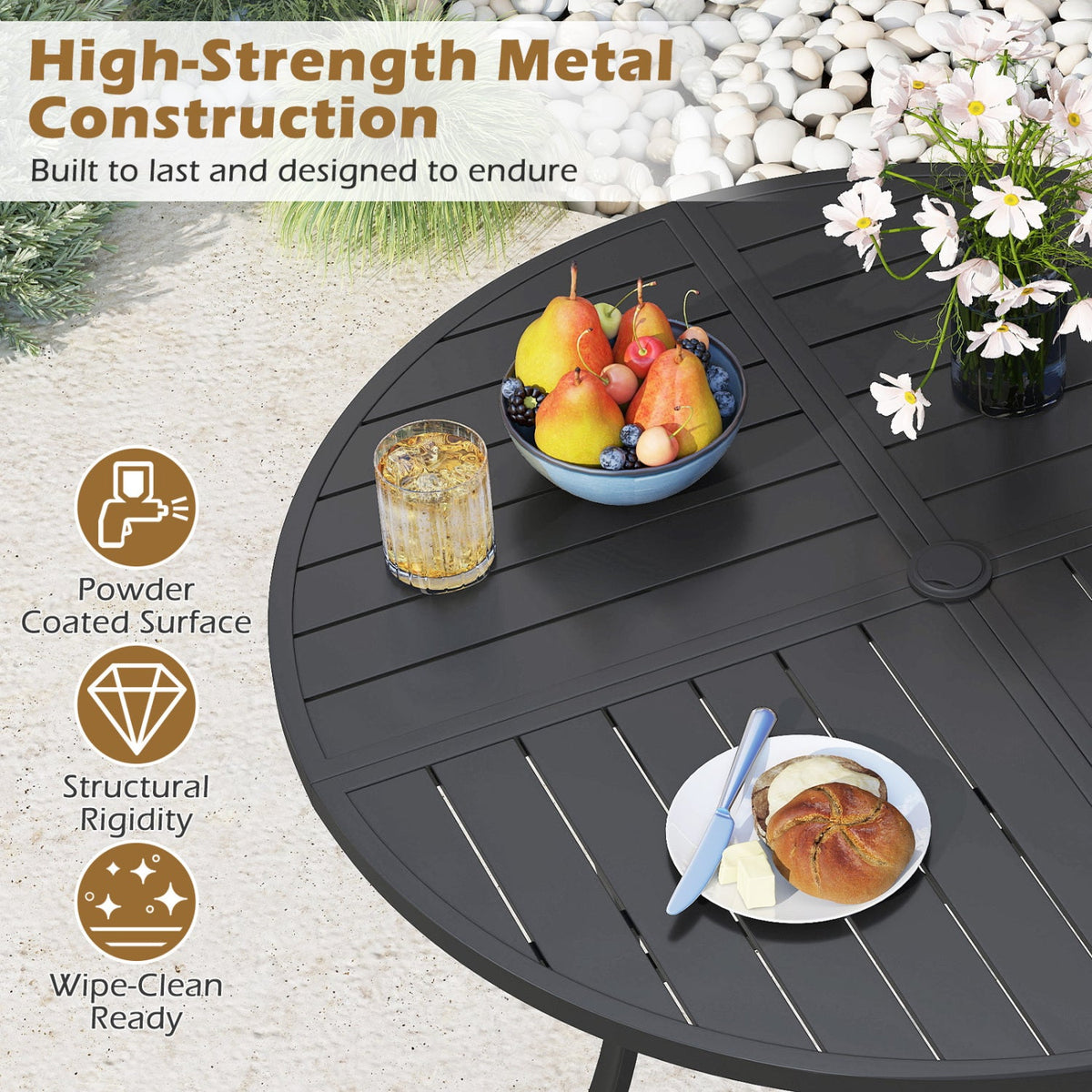 DirectDeals 5-piece patio dining set for 4 with a 42.5-inch round outdoor metal table; powder-coated black surface, fruit bowl, drink and bread on top on Tampa Home & Garden Store