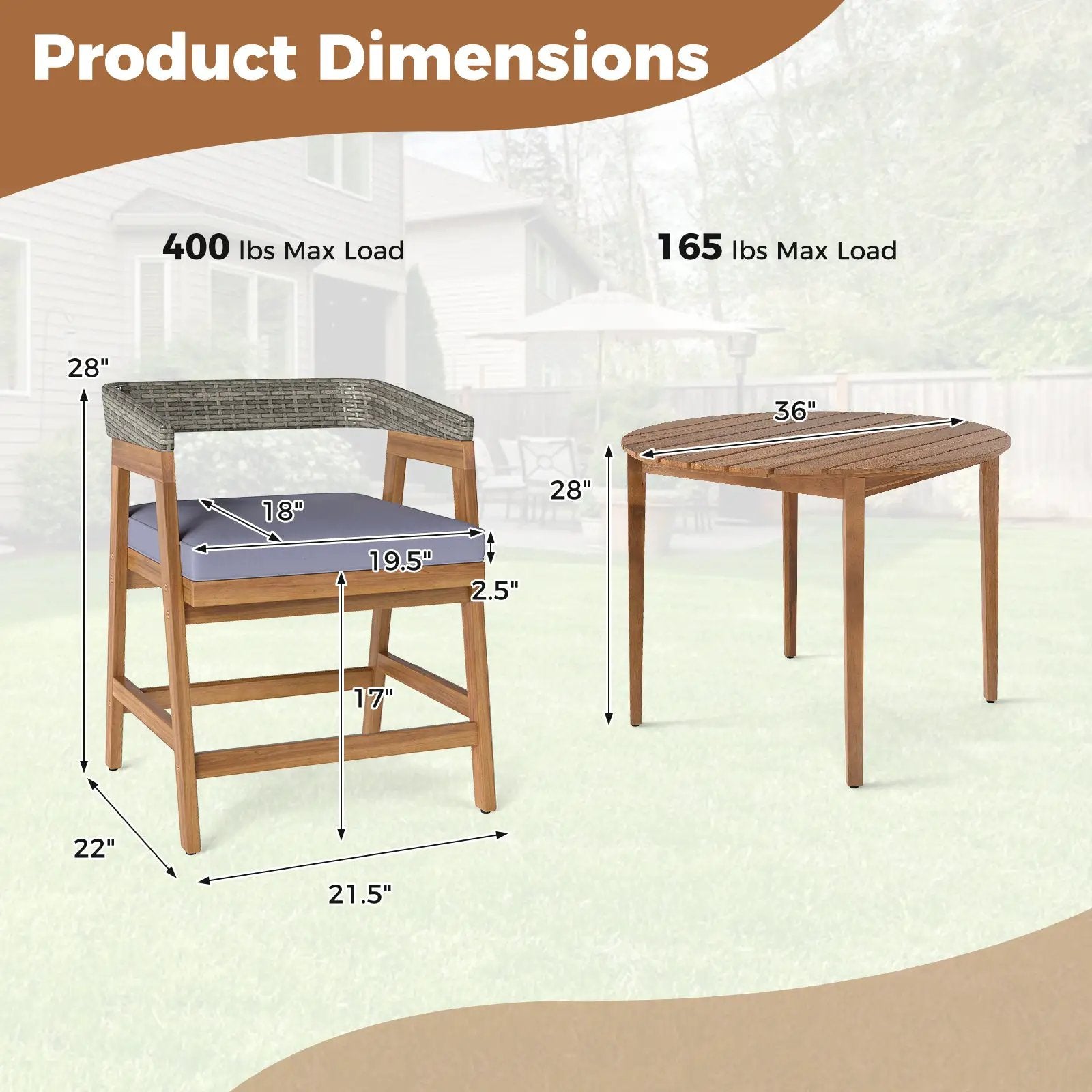 5-piece outdoor dining set with PE rattan backrest and blue cushions, round table on Tampa Home & Garden Store