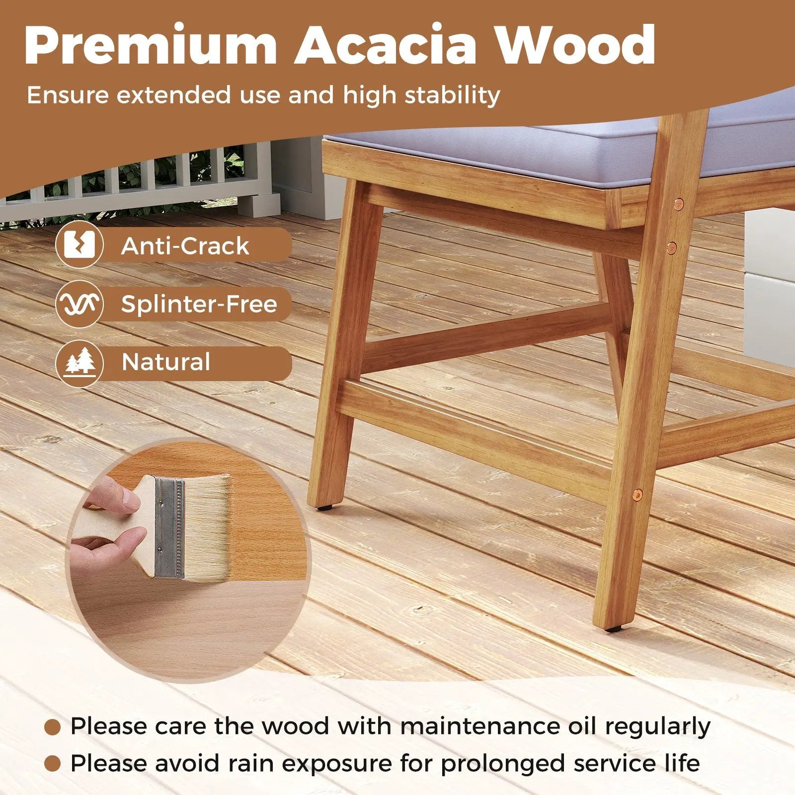 5-piece patio dining set with cushions and PE rattan backrest in natural acacia wood on Tampa Home & Garden Store