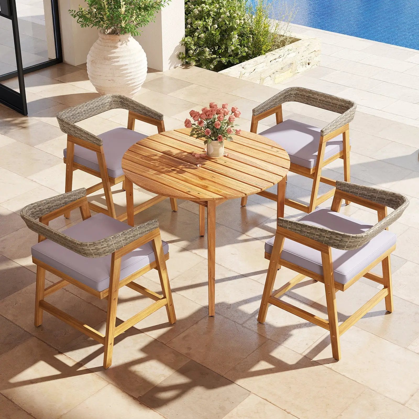 5-Piece Patio Dining Set with Cushions and PE Rattan Backrests, round wooden table DirectDeals on Tampa Home & Garden Store