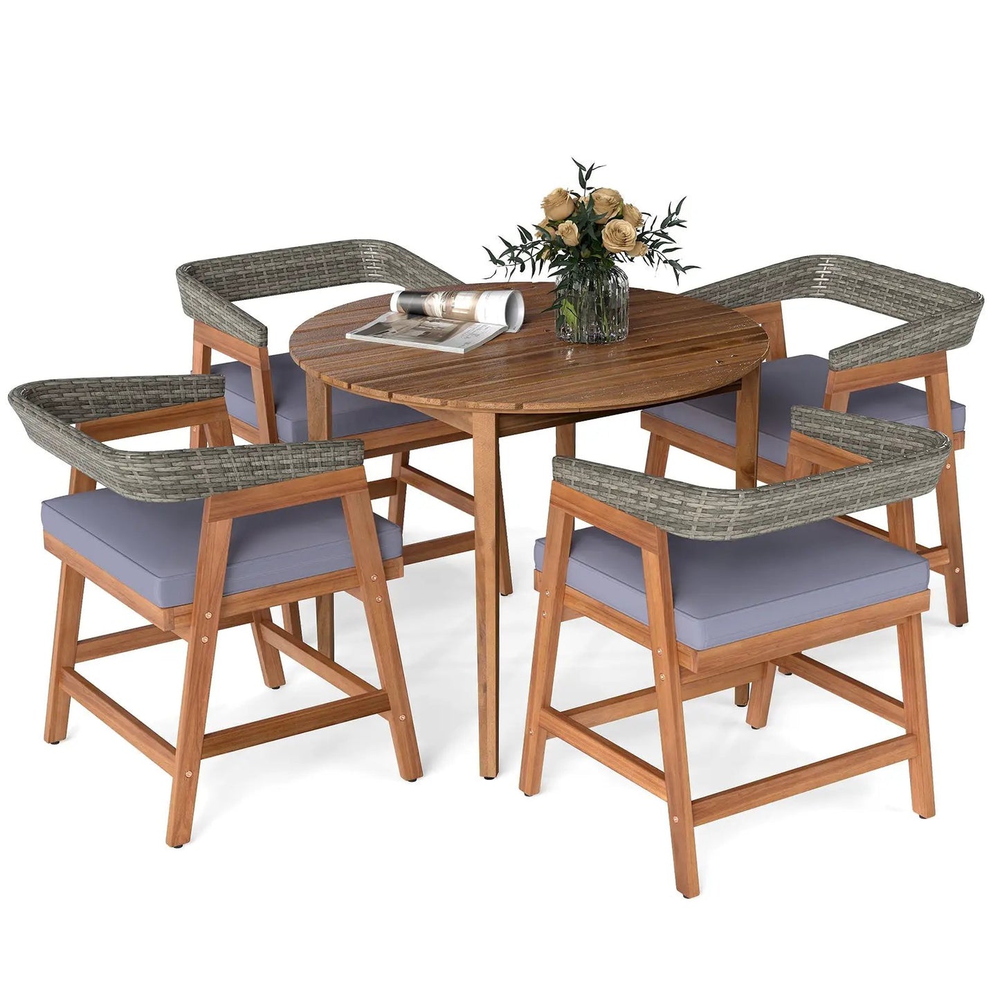 5-piece patio dining set with round wooden table, gray PE rattan back chairs, and blue cushions on Tampa Home & Garden Store