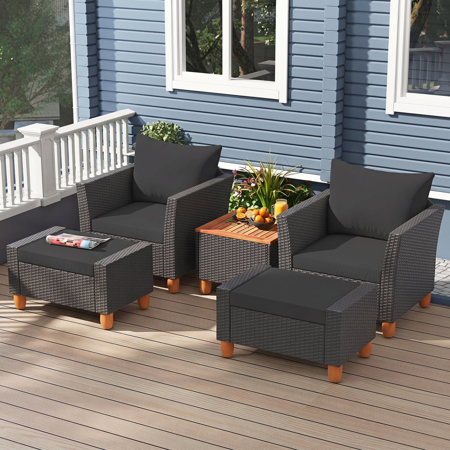 5-Piece DirectDeals Patio Conversation Set with Storage Table in dark gray wicker on deck on Tampa Home & Garden Store