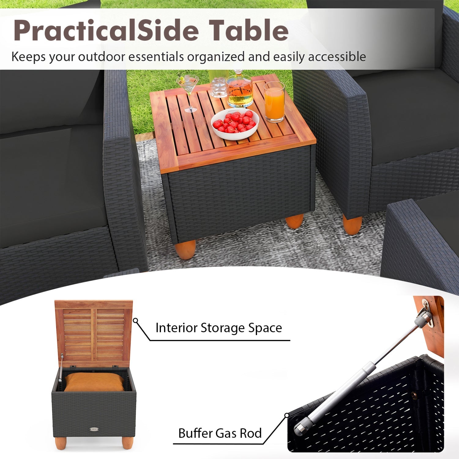 5-Piece Patio Conversation Set with Storage Table by DirectDeals, dark wicker with wooden top on Tampa Home & Garden Store