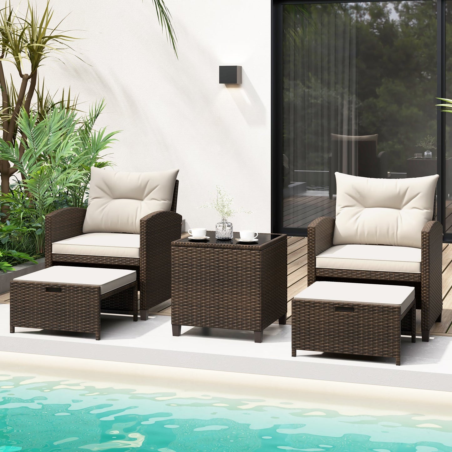 5 Piece Patio Set With 2 Ottomans and Red Table