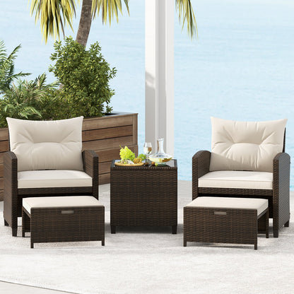 5 Piece Patio Set With 2 Ottomans and Red Table