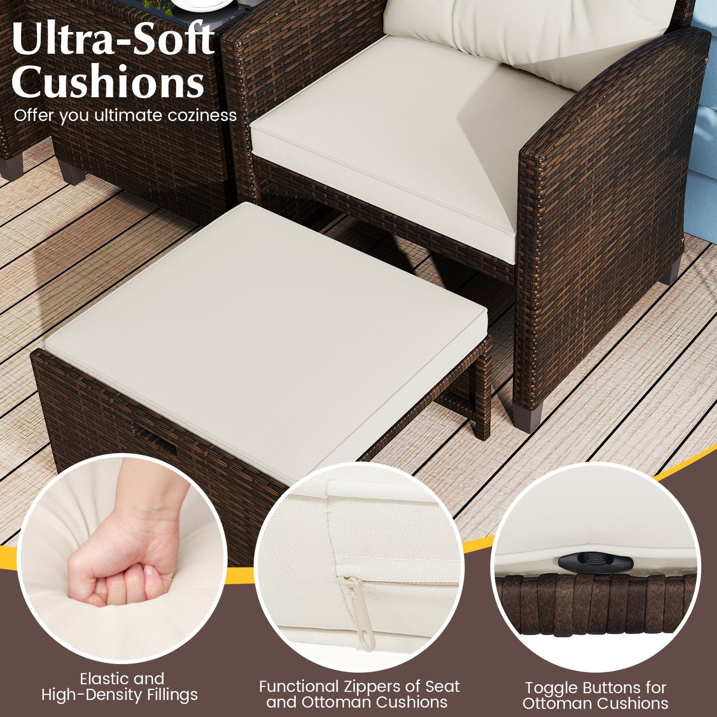 5 Piece Patio Set With 2 Ottomans and Red Table