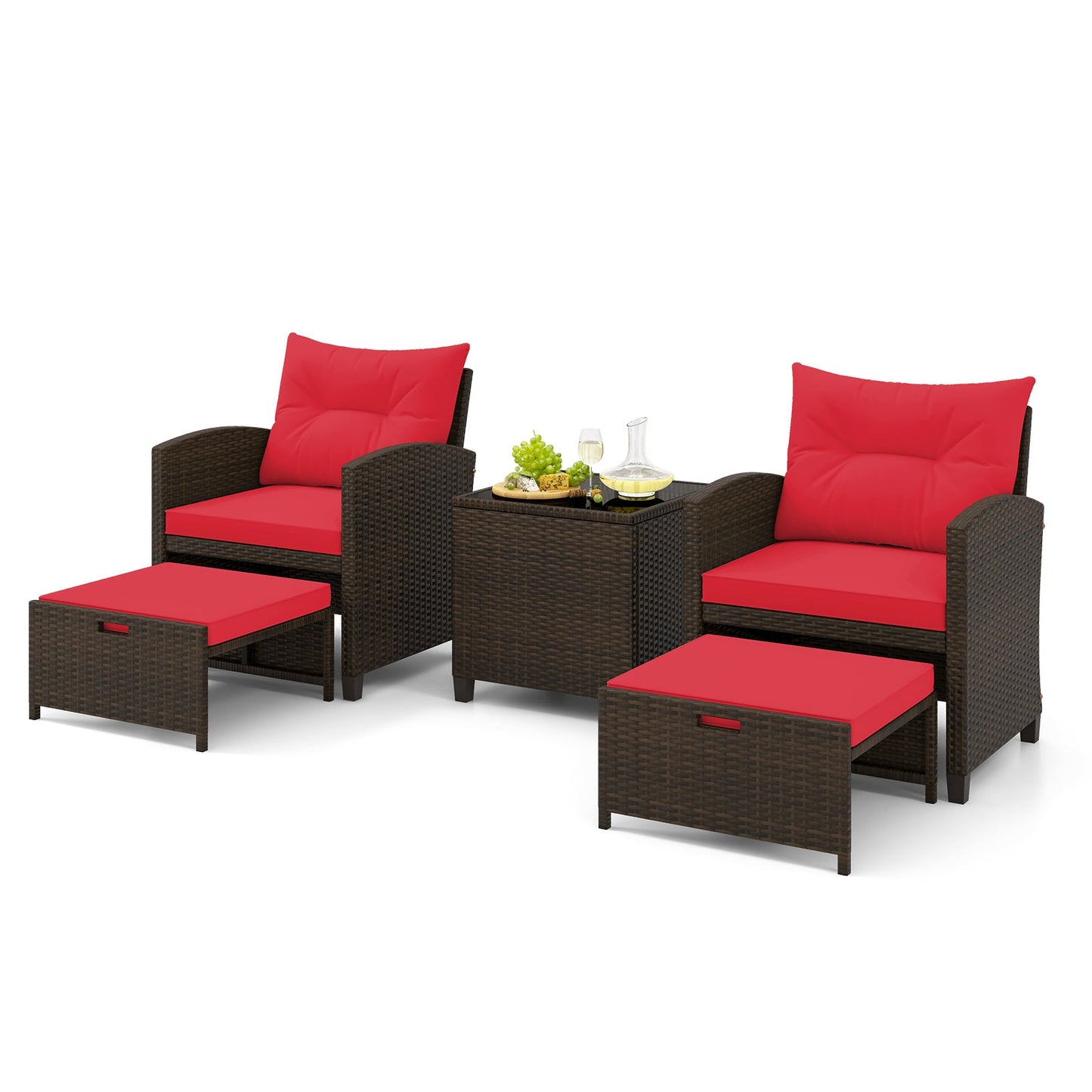 5 Piece Patio Set With 2 Ottomans and Red Table