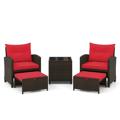 5 Piece Patio Set With 2 Ottomans and Red Table