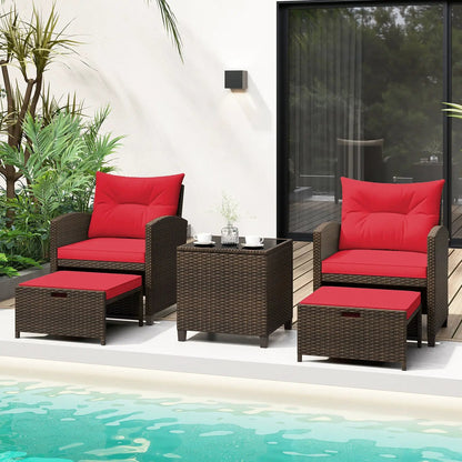 5 Piece Patio Set With 2 Ottomans and Red Table