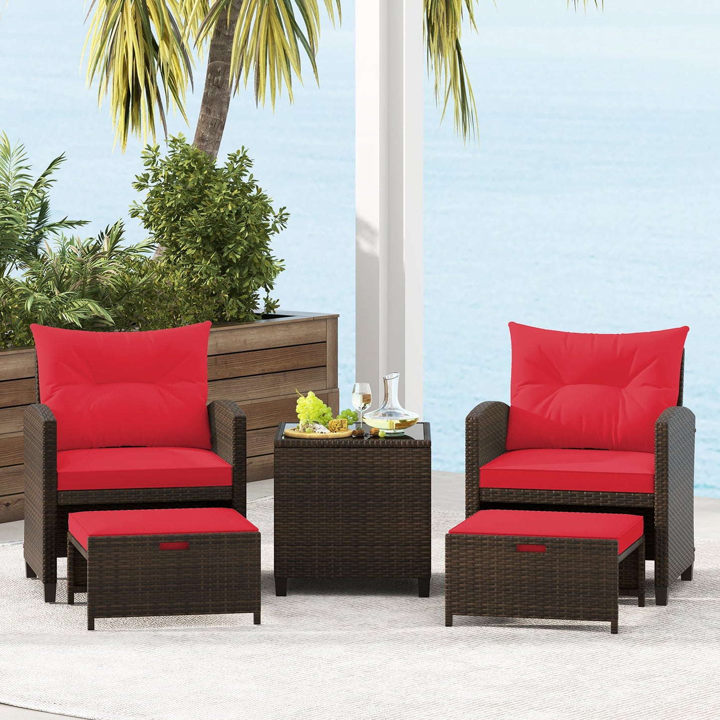5 Piece Patio Set With 2 Ottomans and Red Table