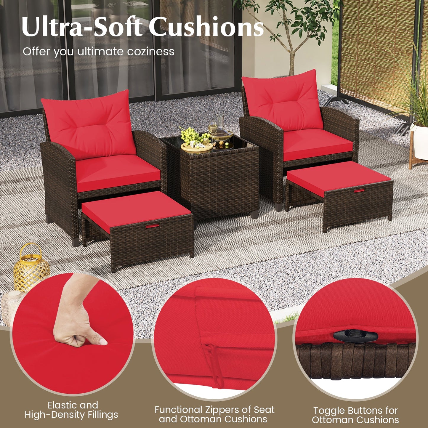 5 Piece Patio Set With 2 Ottomans and Red Table