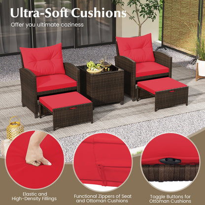 5 Piece Patio Set With 2 Ottomans and Red Table