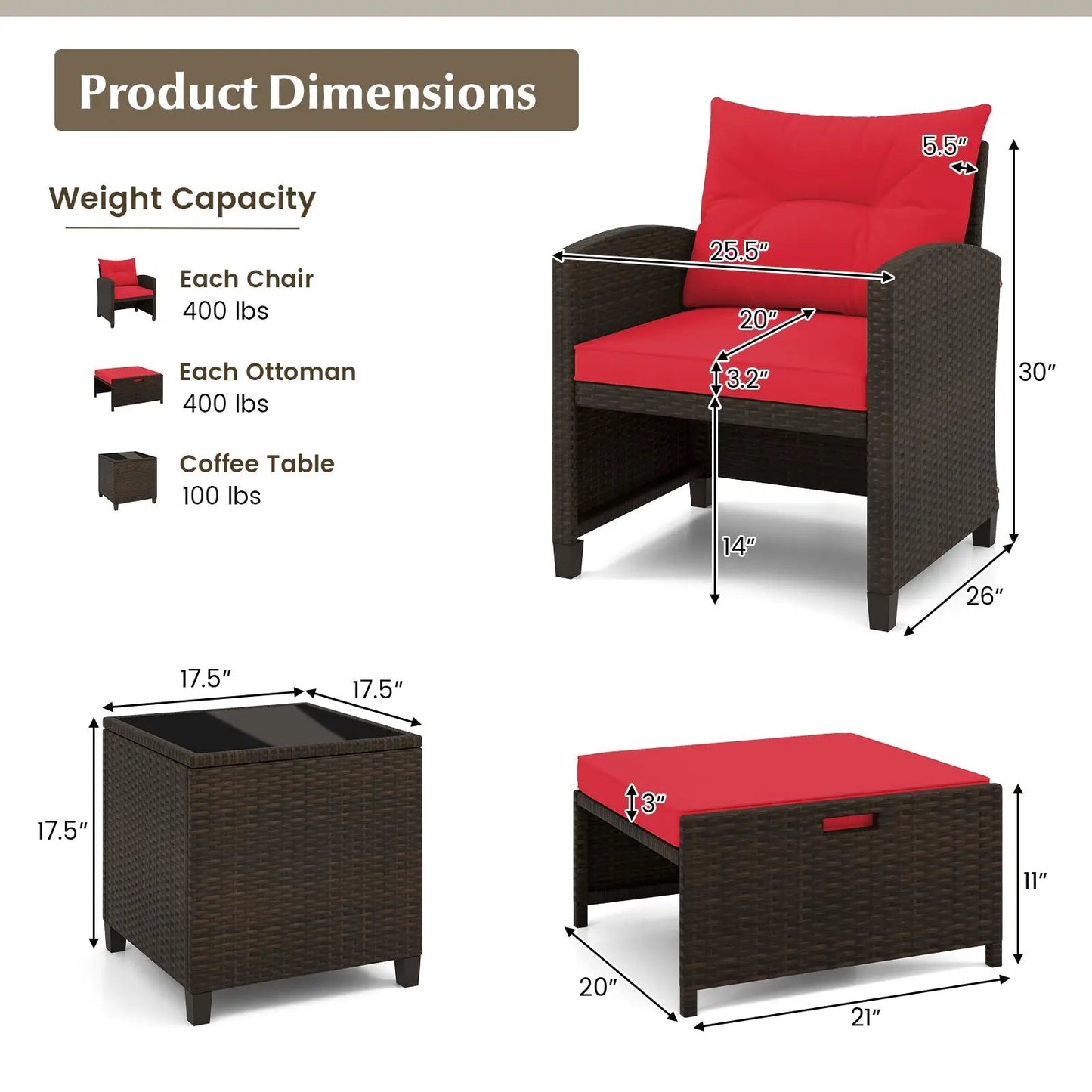 5 Piece Patio Set With 2 Ottomans and Red Table
