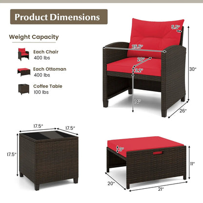 5 Piece Patio Set With 2 Ottomans and Red Table