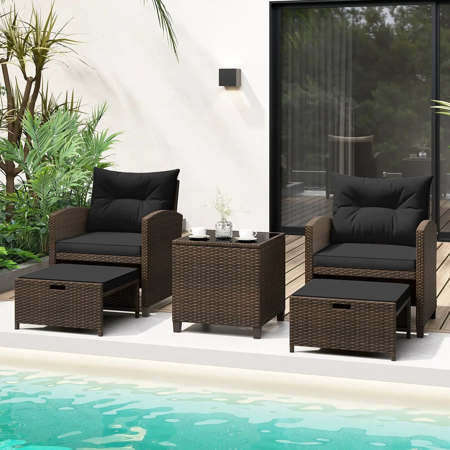 5 Piece Patio Set With 2 Ottomans and Red Table