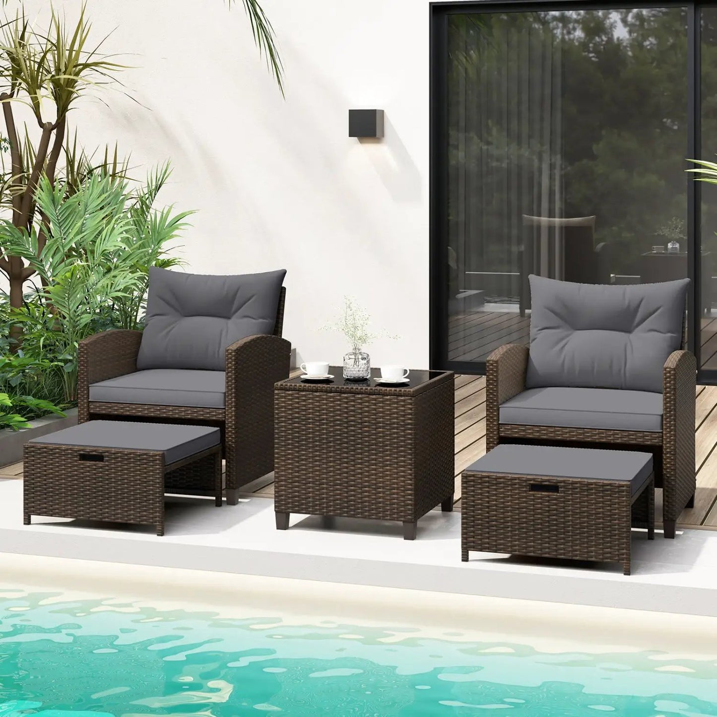 5 Piece Patio Set With 2 Ottomans and Red Table