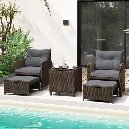 5 Piece Patio Set With 2 Ottomans and Red Table
