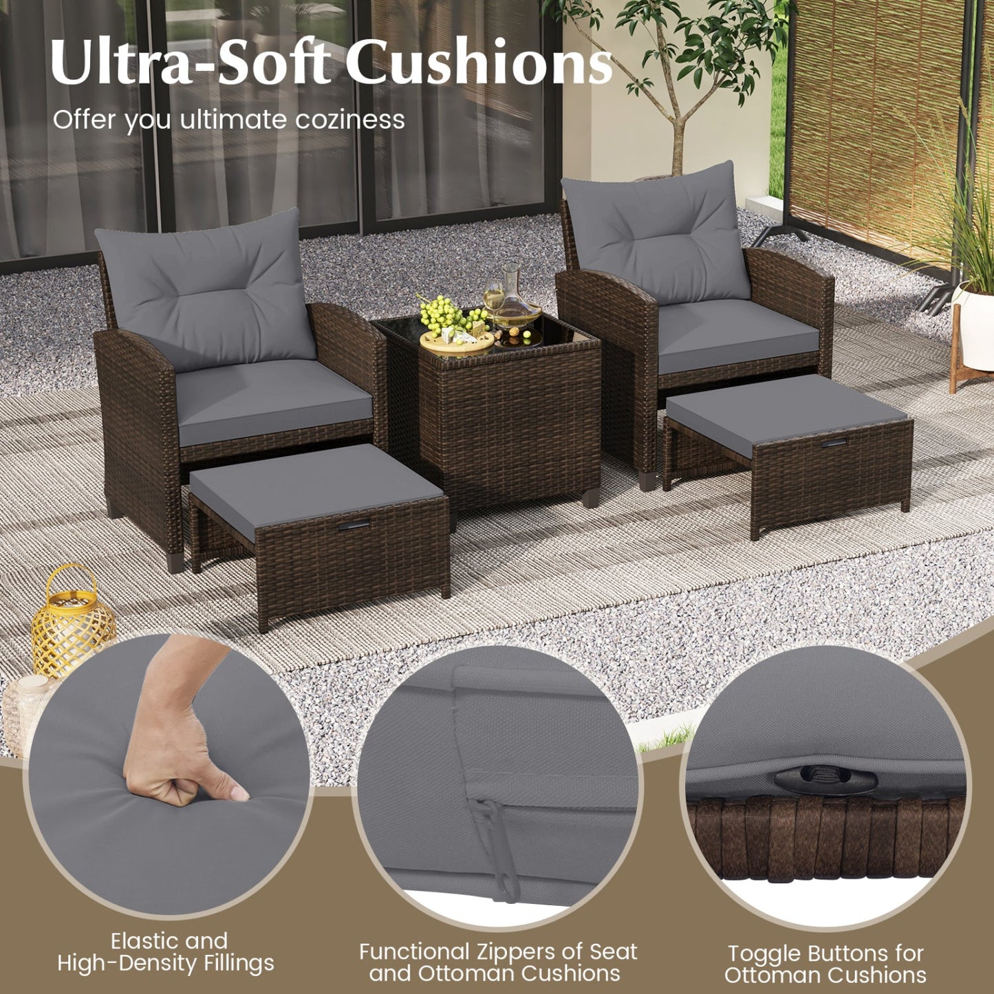 5 Piece Patio Set With 2 Ottomans and Red Table