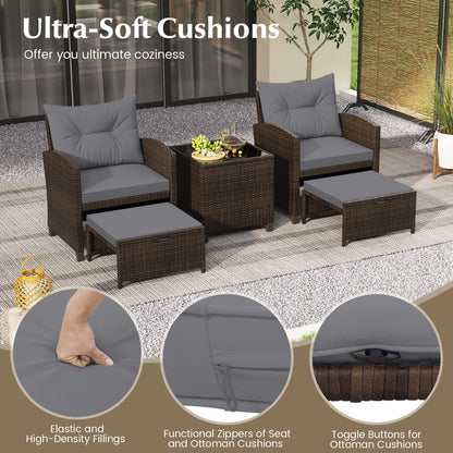 5 Piece Patio Set With 2 Ottomans and Red Table