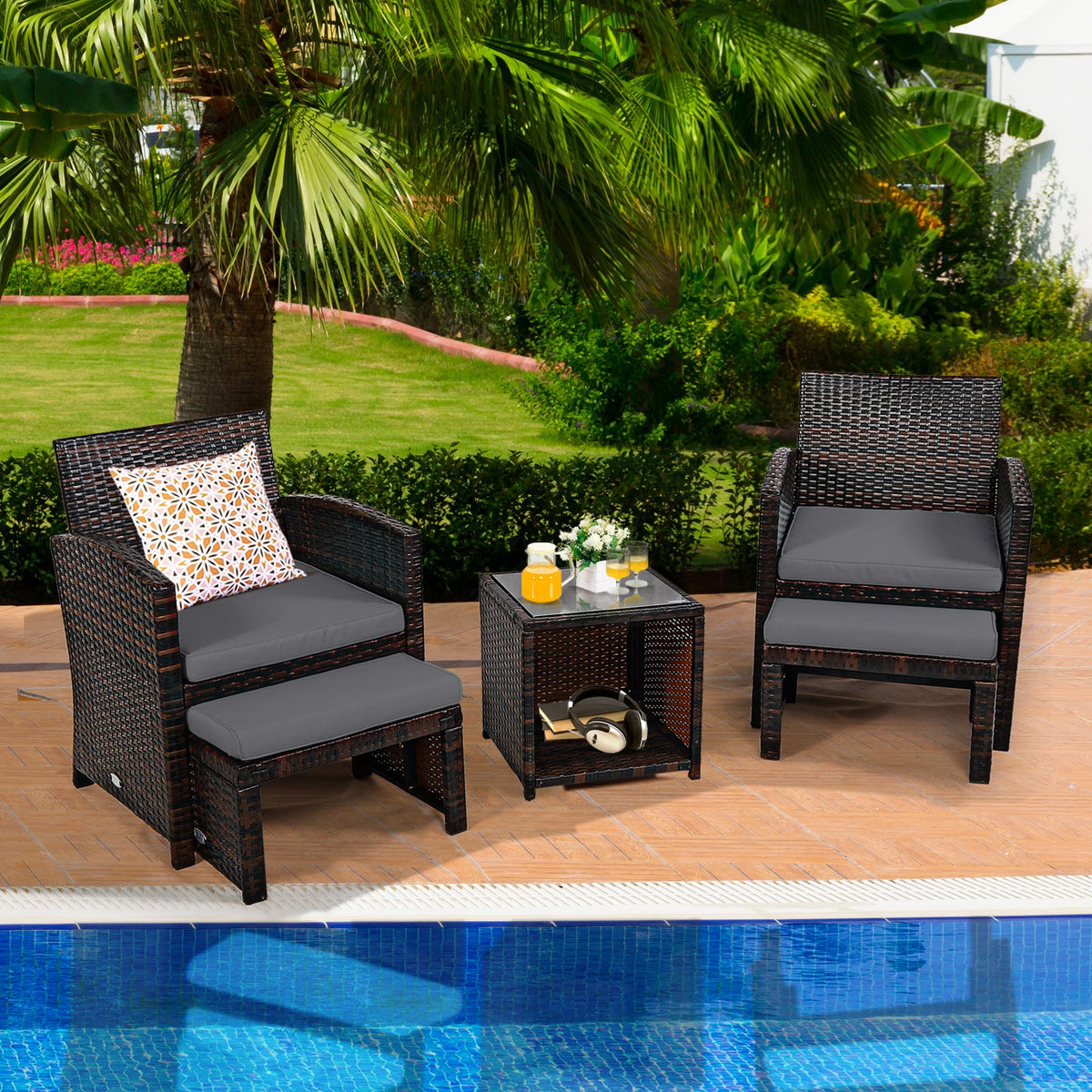 5-piece DirectDeals patio rattan set with gray cushions, ottoman and tempered glass coffee table on Tampa Home & Garden Store