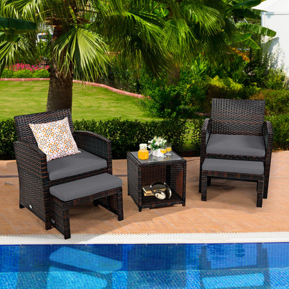 5-piece DirectDeals patio rattan set with gray cushions, ottoman and tempered glass coffee table on Tampa Home & Garden Store
