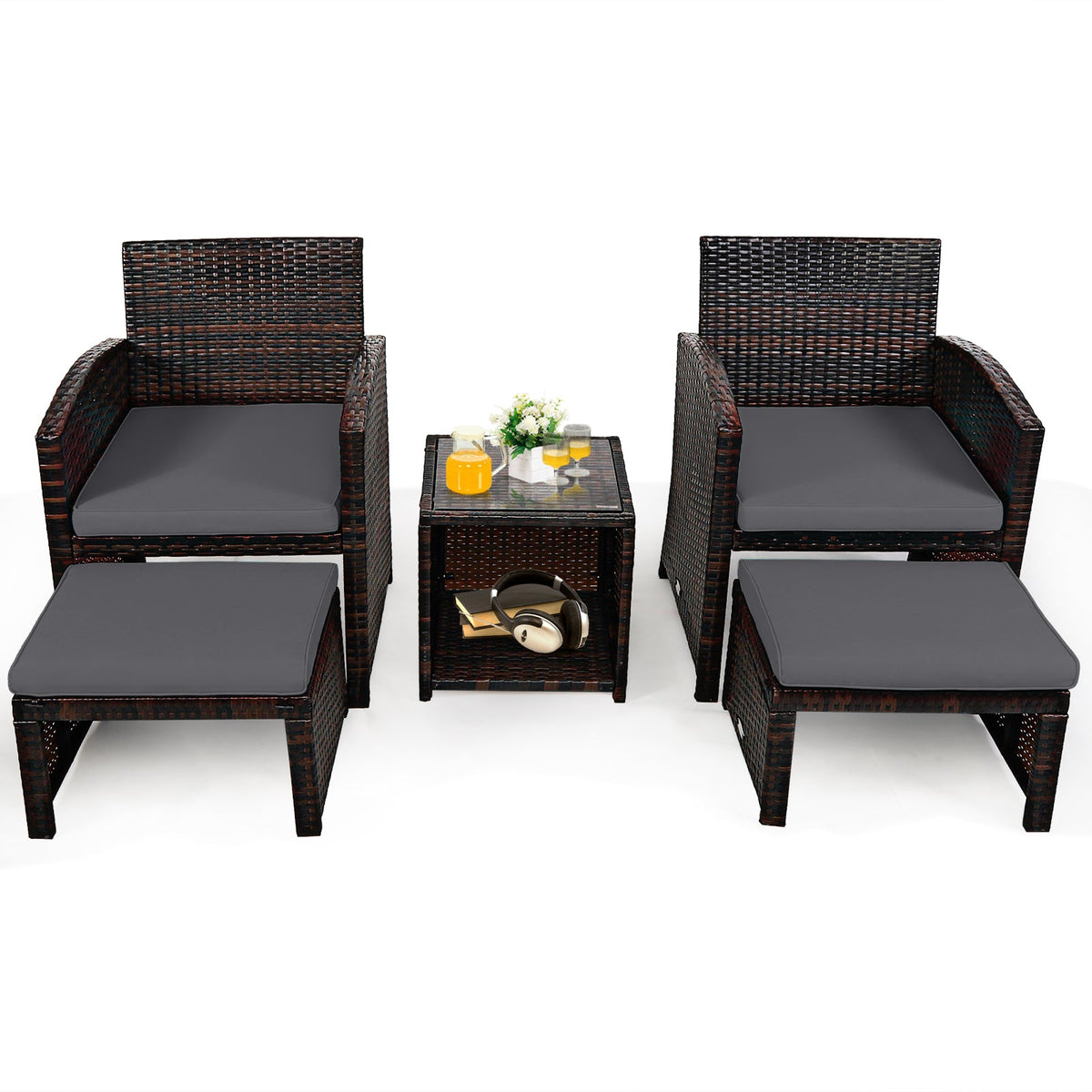 DirectDeals 5-piece gray patio rattan set with 2 chairs, 2 ottomans, glass coffee table on Tampa Home & Garden Store
