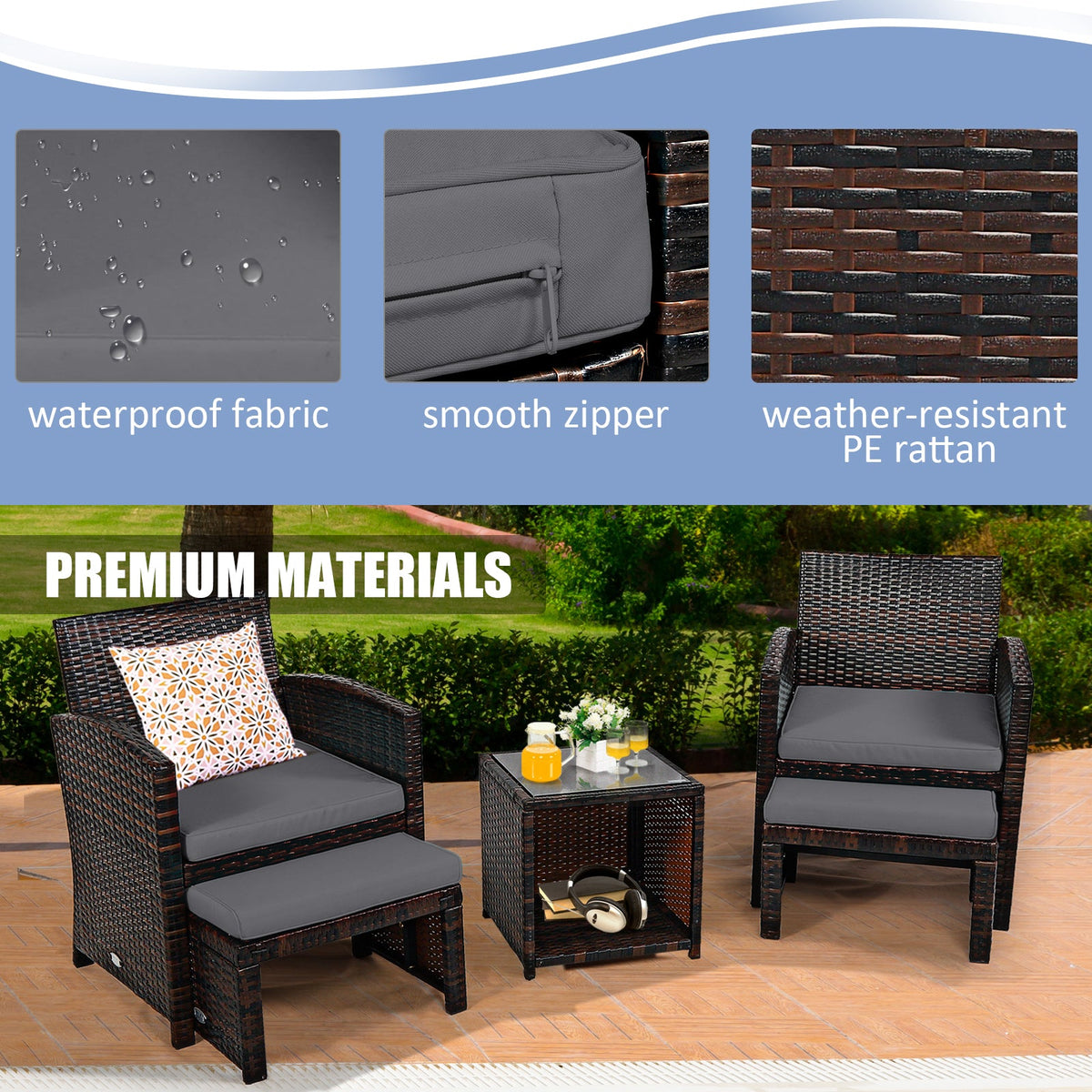 5-piece gray outdoor rattan furniture set with ottoman and glass coffee table on a wooden deck on Tampa Home & Garden Store
