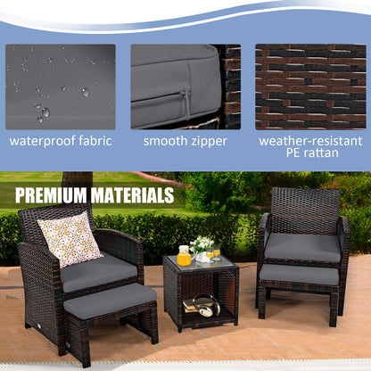 5-piece gray outdoor rattan furniture set with ottoman and glass coffee table on a wooden deck on Tampa Home & Garden Store