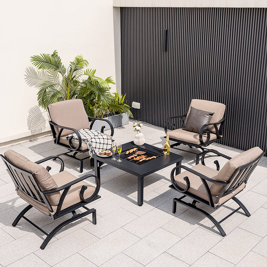 5 Pieces Patio Rocking Chairs and 4-in-1 Fire Pit Table with Fire Poker - Tampa Home & Garden Store