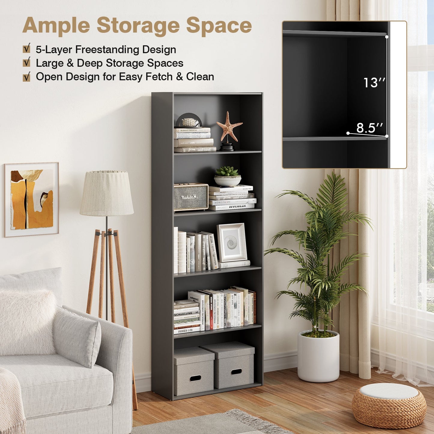 Estantería de almacenamiento de 5 estantes Mueble expositor moderno multifuncional-Negro