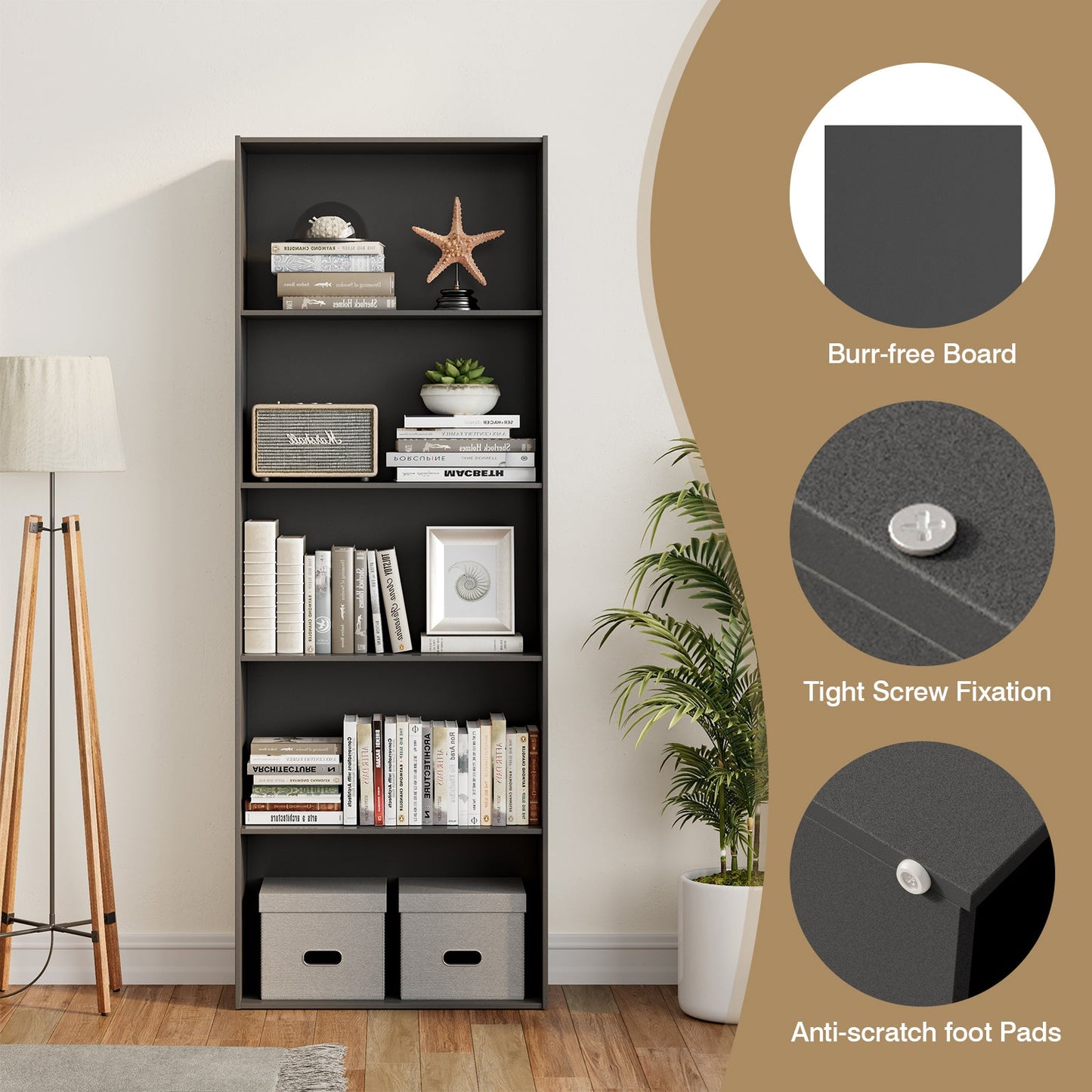 Estantería de almacenamiento de 5 estantes Mueble expositor moderno multifuncional-Negro