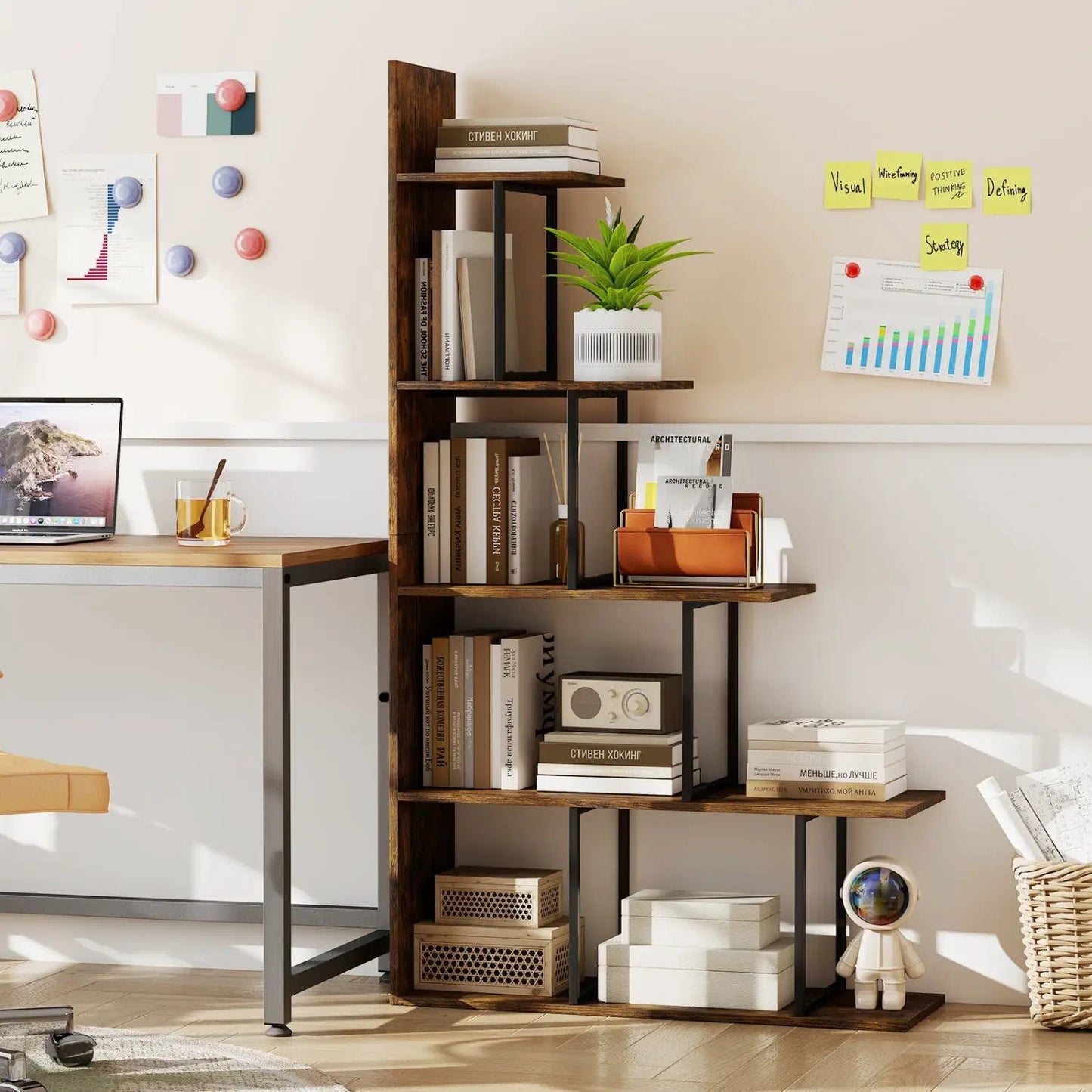 Five Tier Stepped Bookshelf With Metal Frame