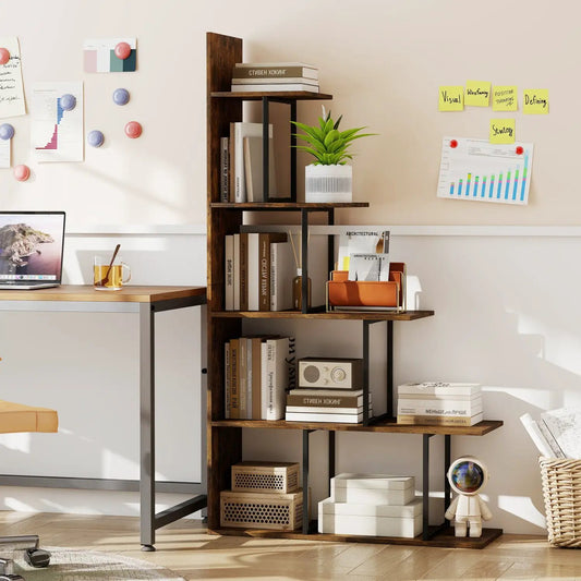 DirectDeals 5-Tier Stepped Bookshelf with dark wood shelves and metal frame, 62in tall on Tampa Home & Garden Store