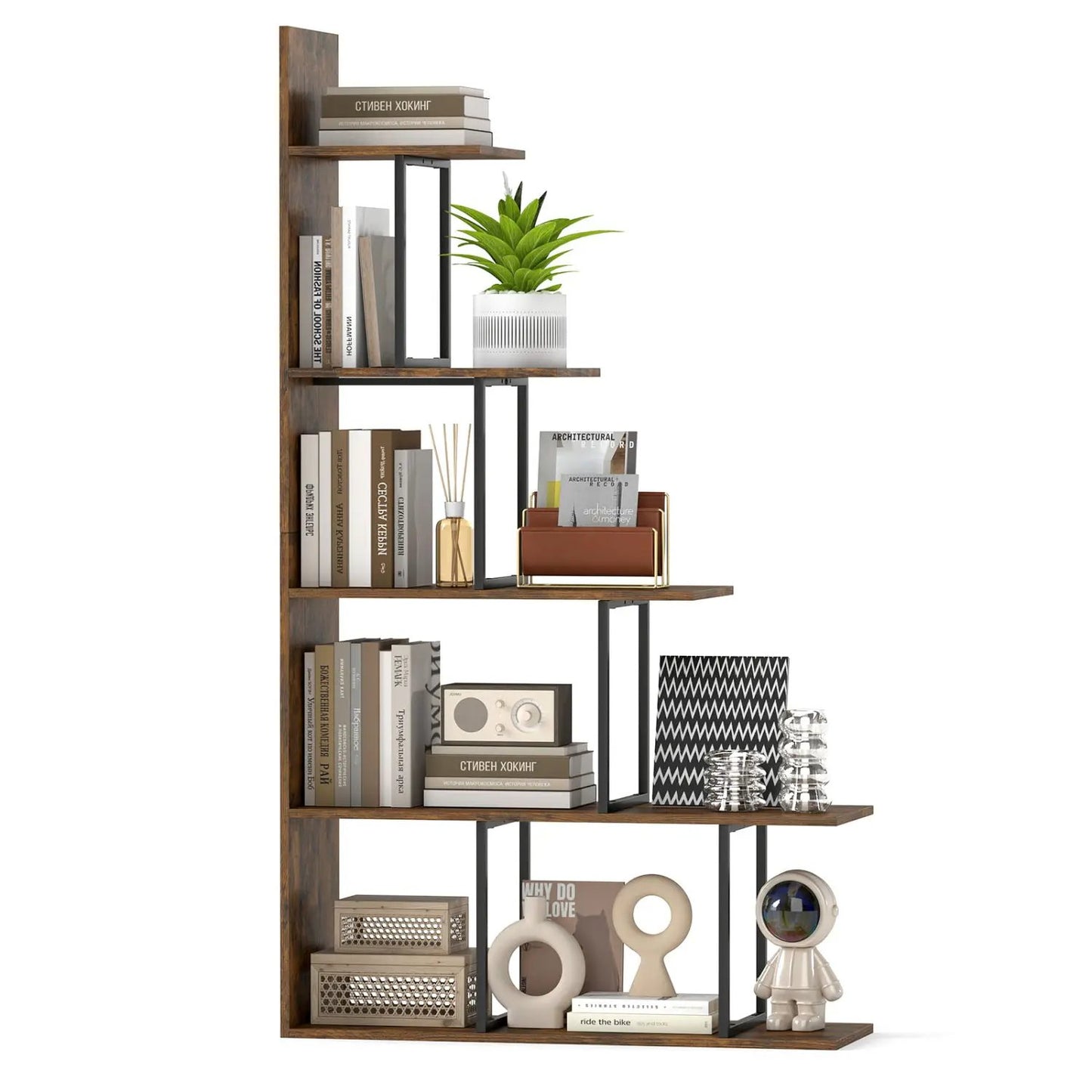 Five Tier Stepped Bookshelf With Metal Frame