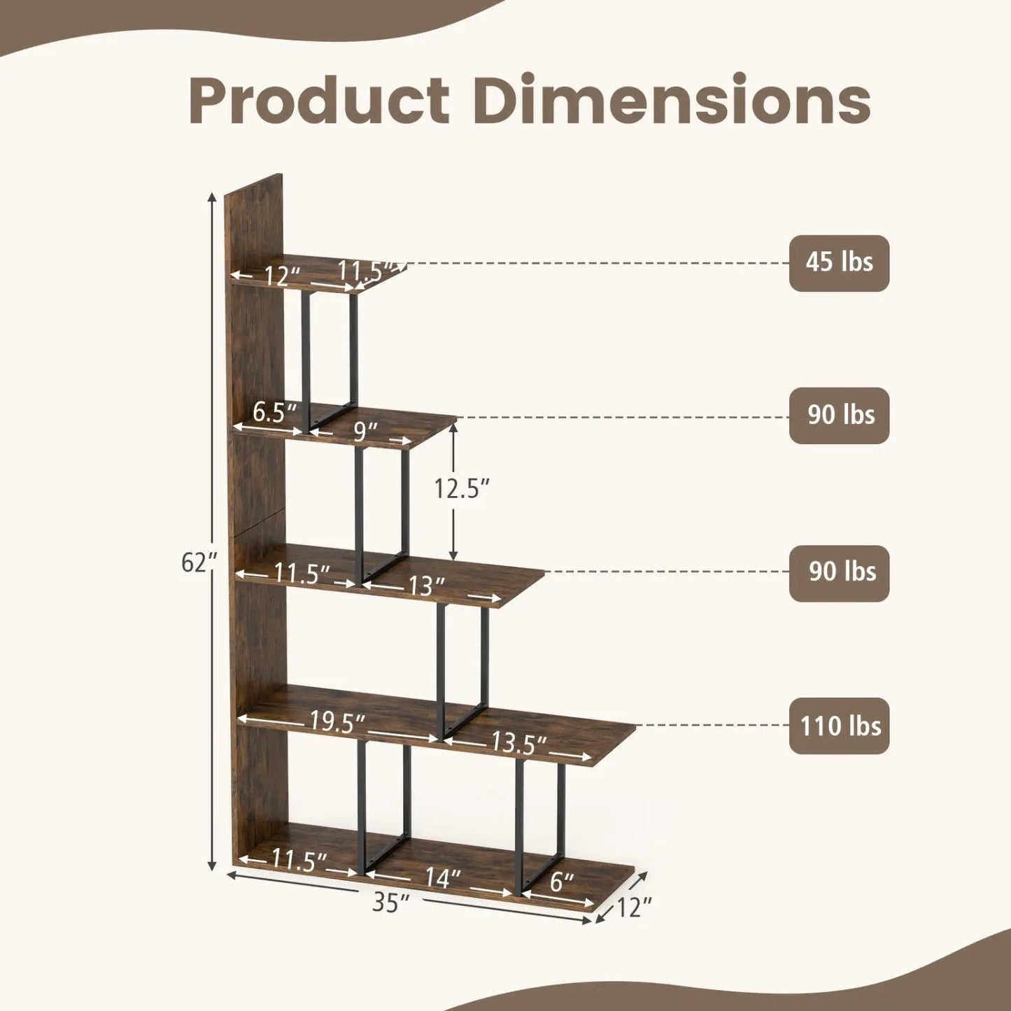 Five Tier Stepped Bookshelf With Metal Frame