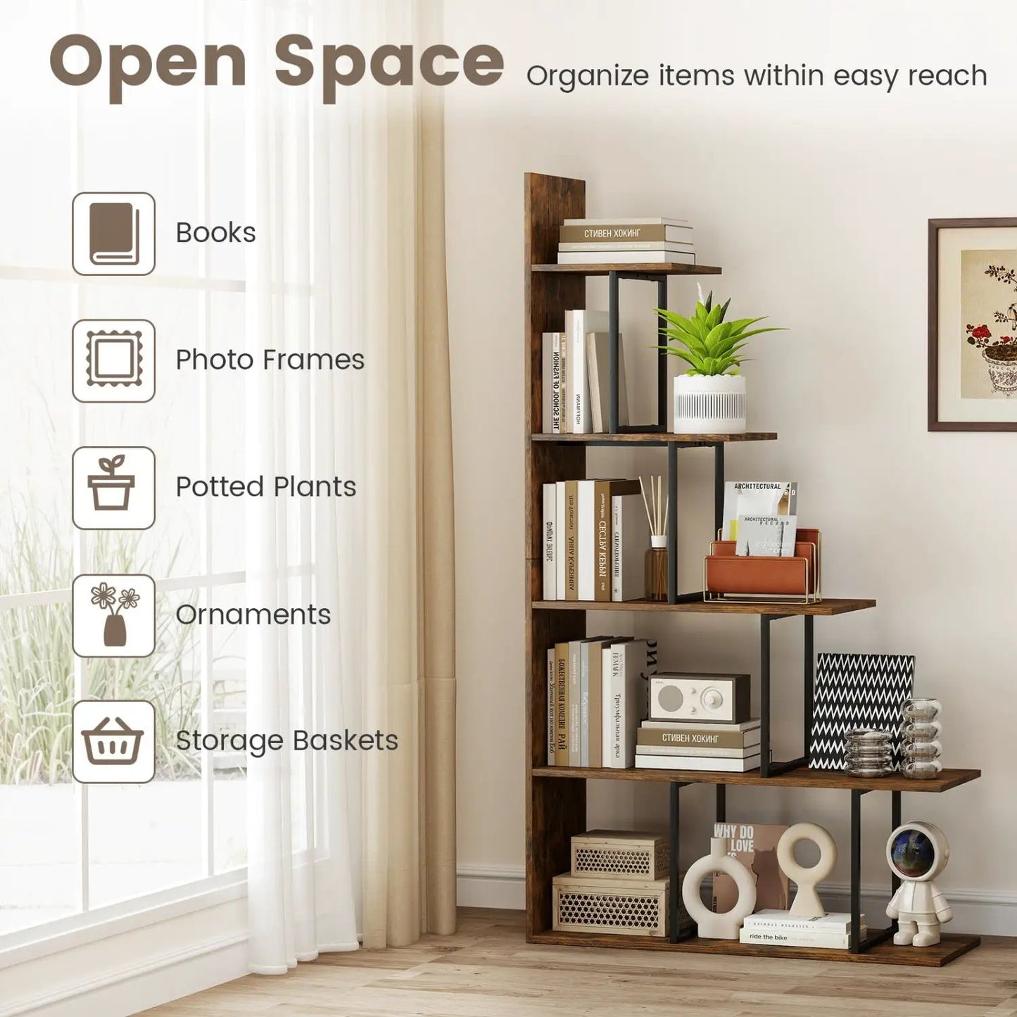 Five Tier Stepped Bookshelf With Metal Frame