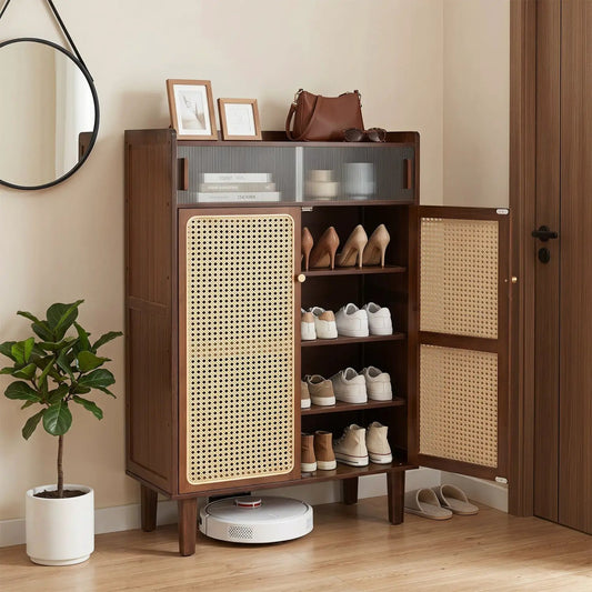 5-Tier bamboo shoe cabinet with woven rattan sliding doors in dark wood DirectDeals shoe storage on Tampa Home & Garden Store