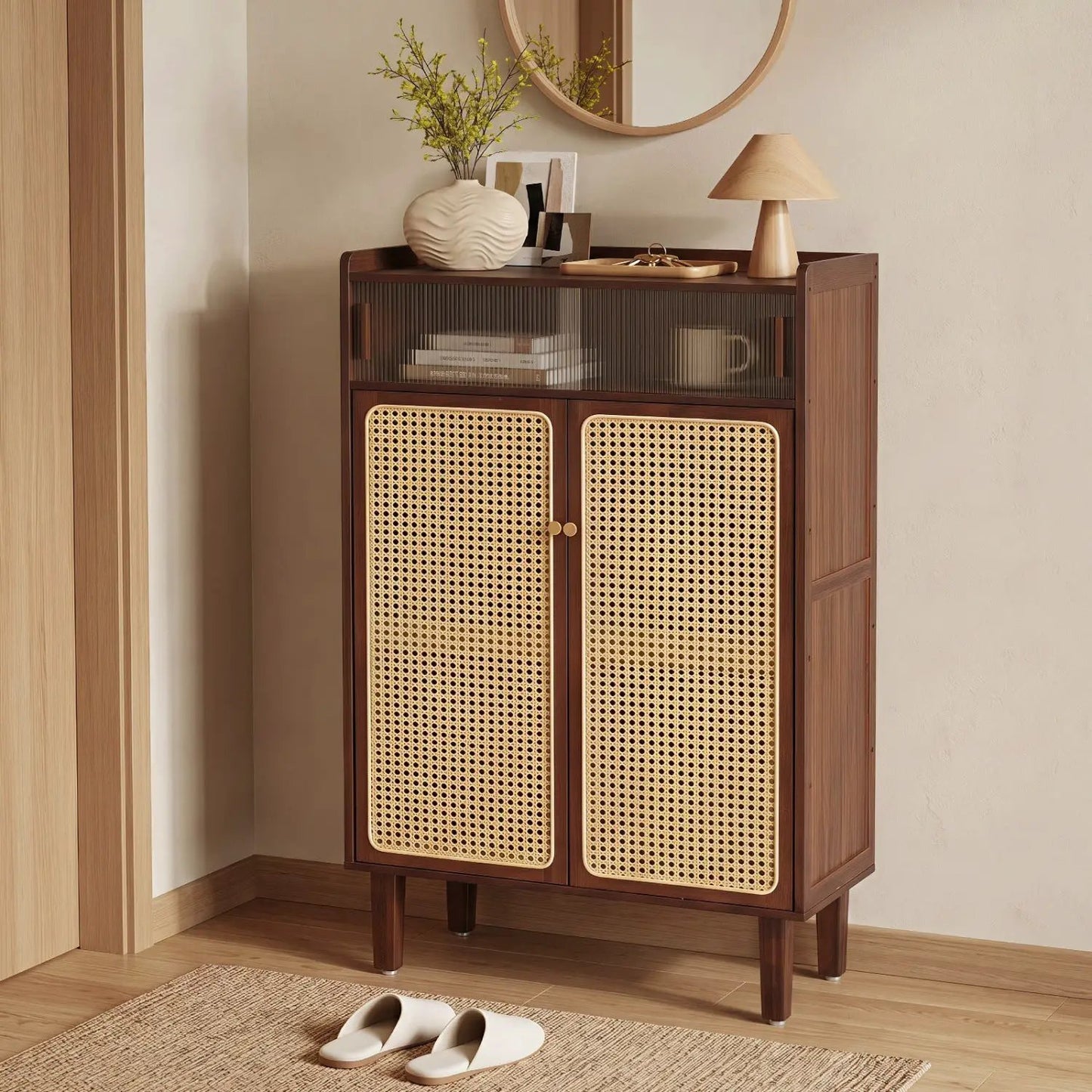 5-Tier Bamboo Shoe Cabinet with Rattan Doors