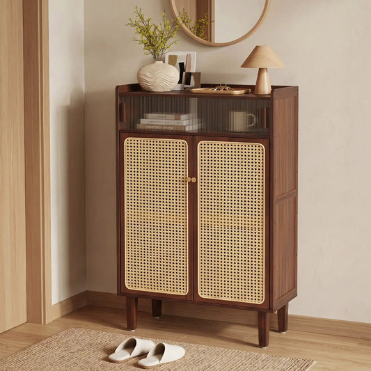 5-Tier Bamboo Shoe Cabinet with Woven Rattan Sliding Doors DirectDeals natural finish on Tampa Home & Garden Store