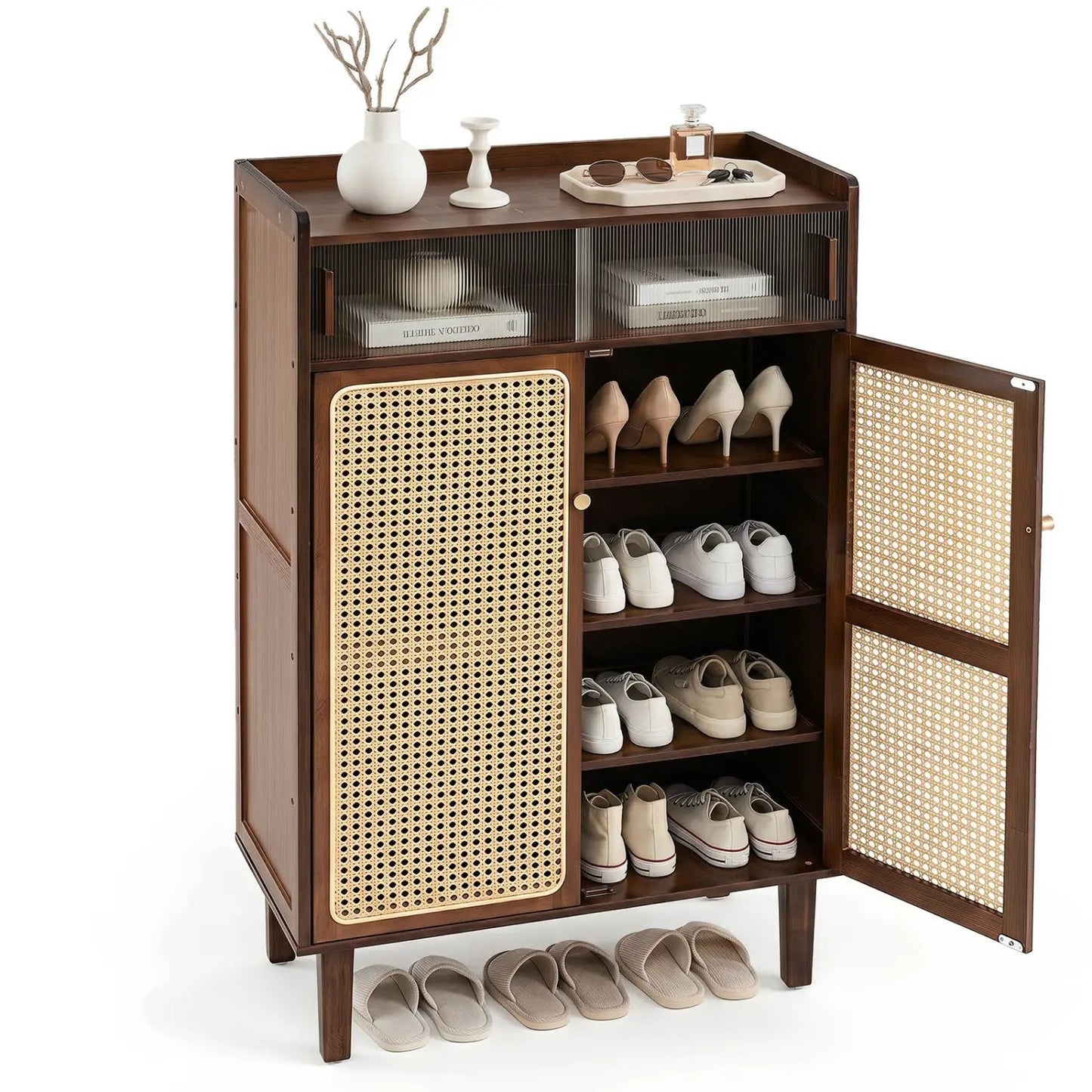 5-Tier Bamboo Shoe Cabinet with Rattan Doors
