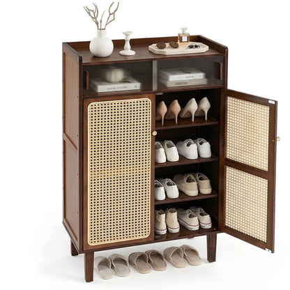 5-Tier Bamboo Shoe Cabinet with Rattan Doors