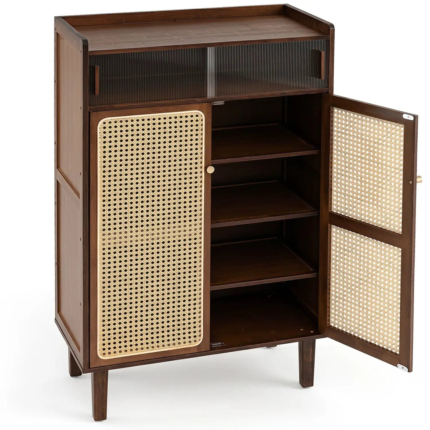 5-Tier Bamboo Shoe Cabinet with Rattan Doors