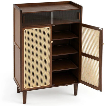 5-Tier Bamboo Shoe Cabinet with Rattan Doors