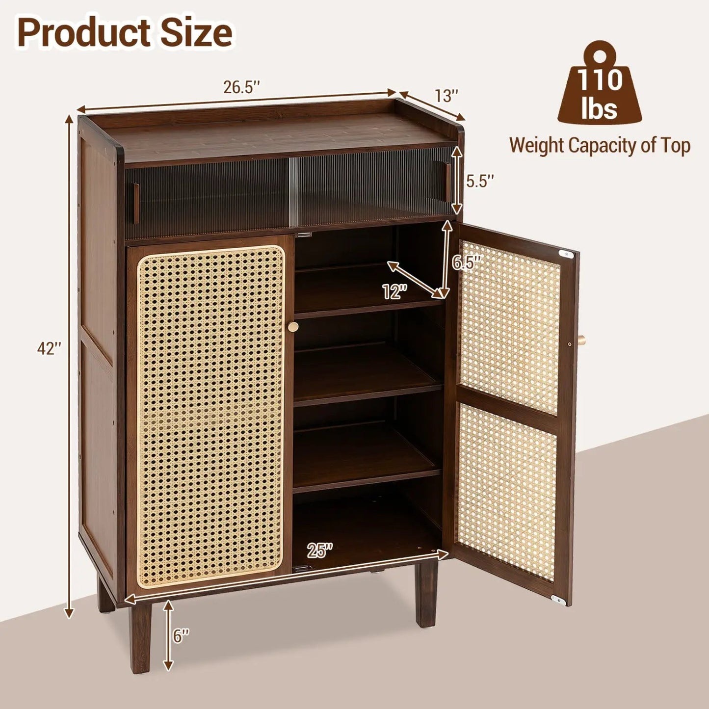 5-Tier Bamboo Shoe Cabinet with Rattan Doors