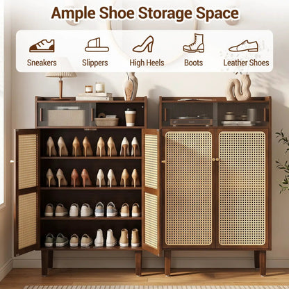 5-Tier Bamboo Shoe Cabinet with Rattan Doors