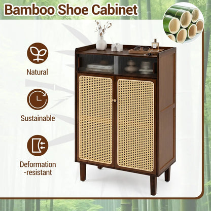5-Tier Bamboo Shoe Cabinet with Rattan Doors