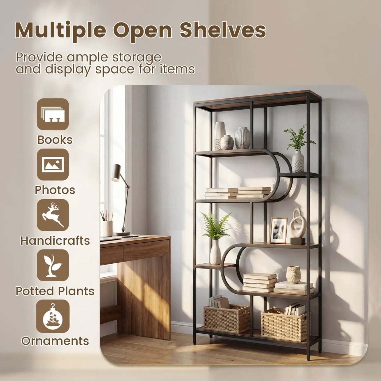 Tall Etagere Bookcase With Shelves and U Shape