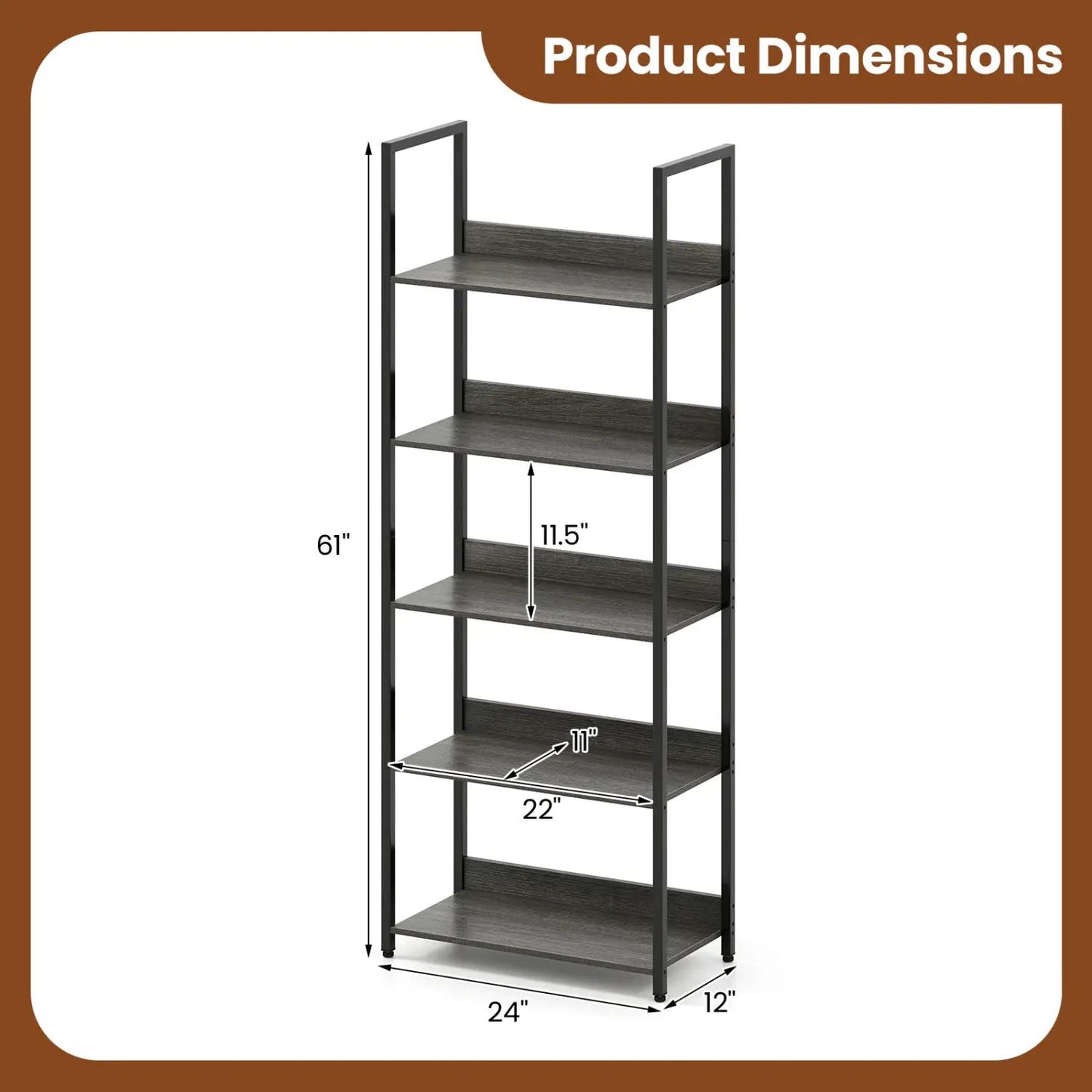 5-Tier Bookshelf Tall Wooden Open Bookcase