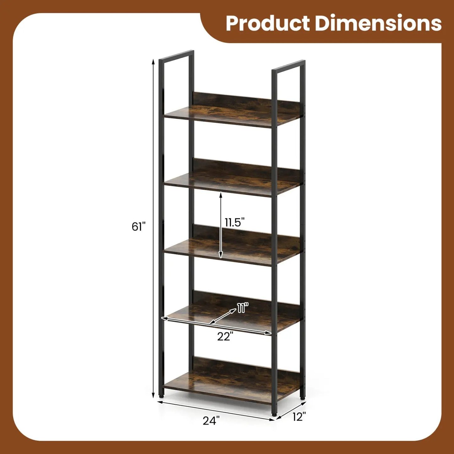 5-Tier Bookshelf Tall Wooden Open Bookcase
